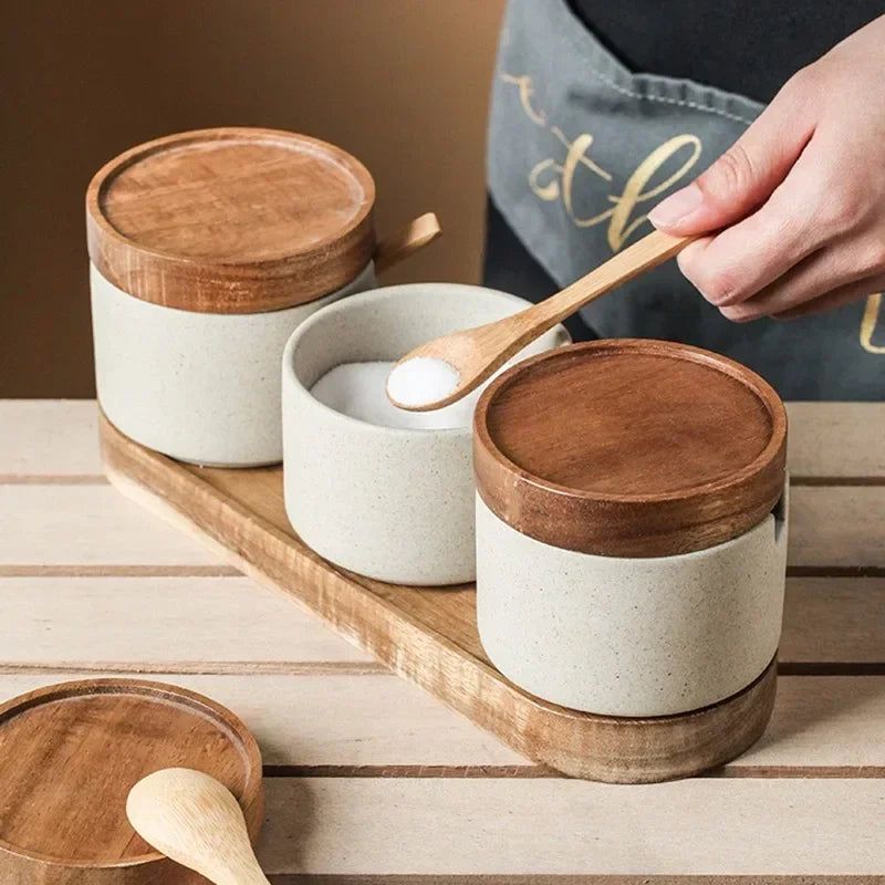 Ceramic Spice Jar Set with Wooden Lids