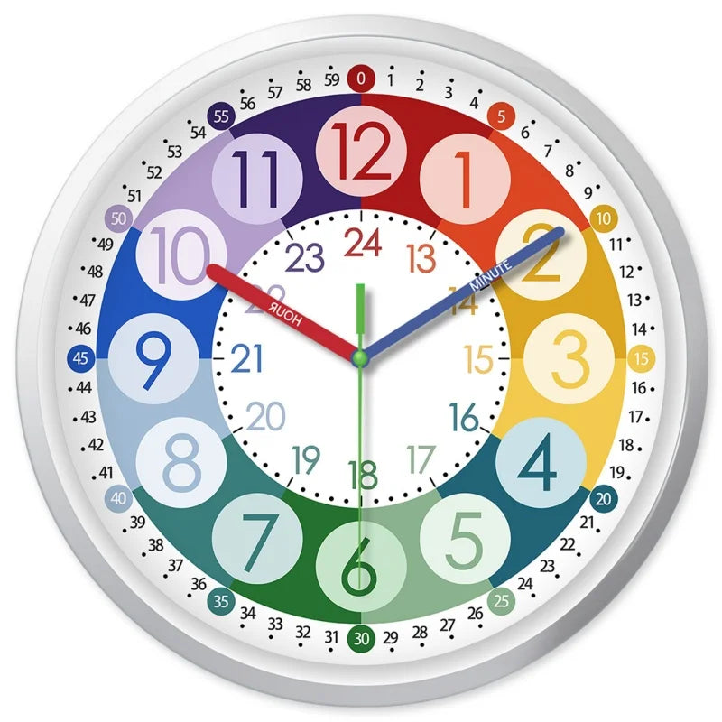 A colorful children's educational wall clock with a white outer ring, a white center, and colored hour sections from blue to green to yellow to red. The clock has multiple hands in different colors and numbers 0 through 24 around the dial.