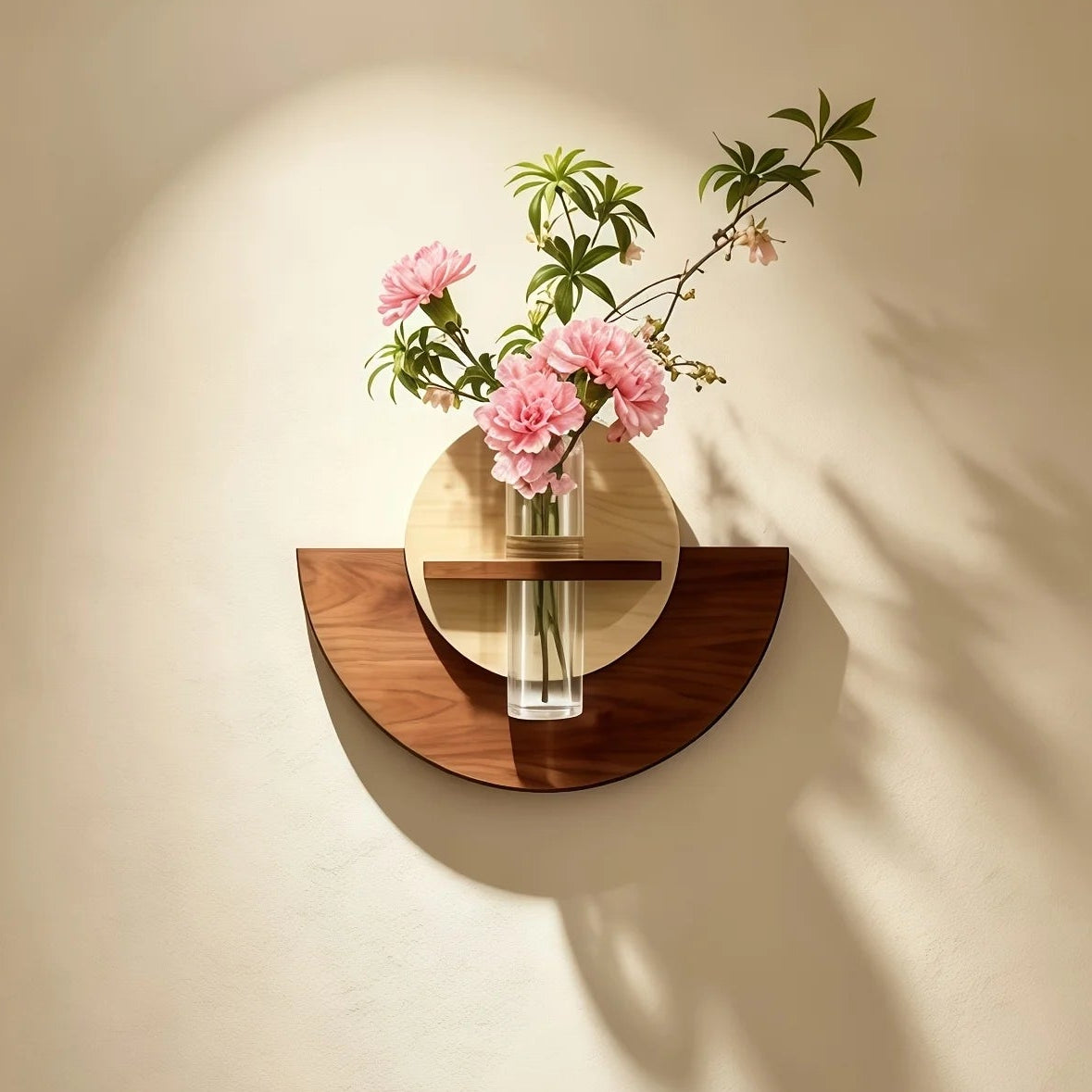 A wall-mounted semicircle shelf in warm medium brown wood with a circular light wood top, holding a clear glass vase with pink flowers and green leaves, against a beige wall with soft sunlight and shadows.