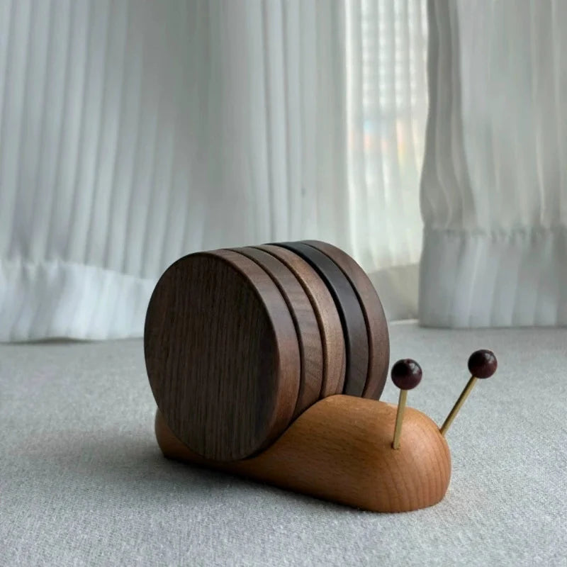 Snailwood Wooden Coaster Set with Snail Holder