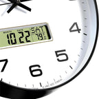 Black analog clock with digital calendar and temperature display.