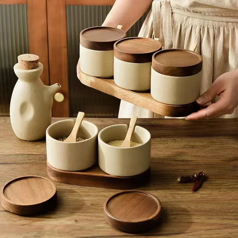 Ceramic Spice Jar Set with Wooden Lids