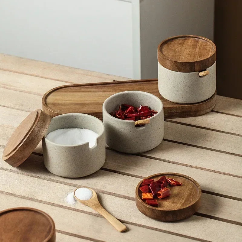 Ceramic Spice Jar Set with Wooden Lids