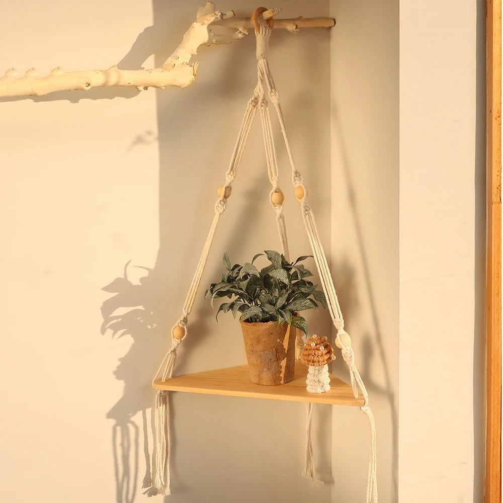 Briar Boho Macrame Triangle Floating Wall Shelf
