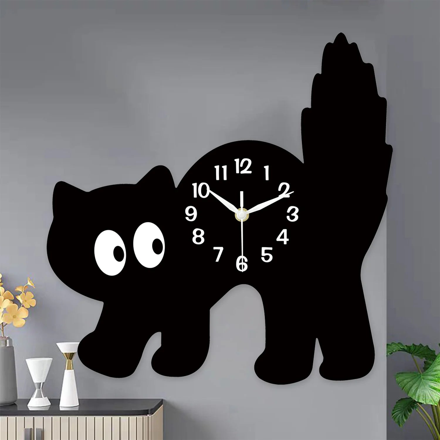 Black Cat Silhouette Wooden Wall Clock