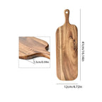 Wooden cutting board with handle and measurements on a white background