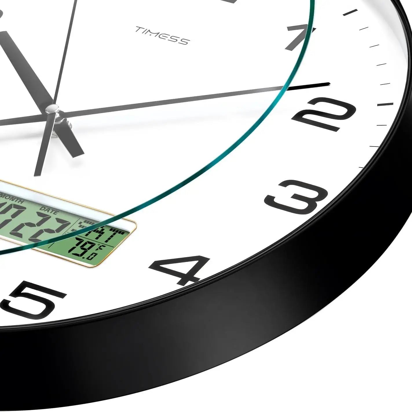 Black Holliston wall clock with white face, digital display, and numerals.