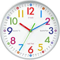 A round children's wall clock with a white face, silver rim, and colorful numerals and hands. The numbers 1 through 12 are in different bright colors, with smaller black minutes and additional time markers around the inner ring.