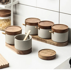 Ceramic Spice Jar Set with Wooden Lids