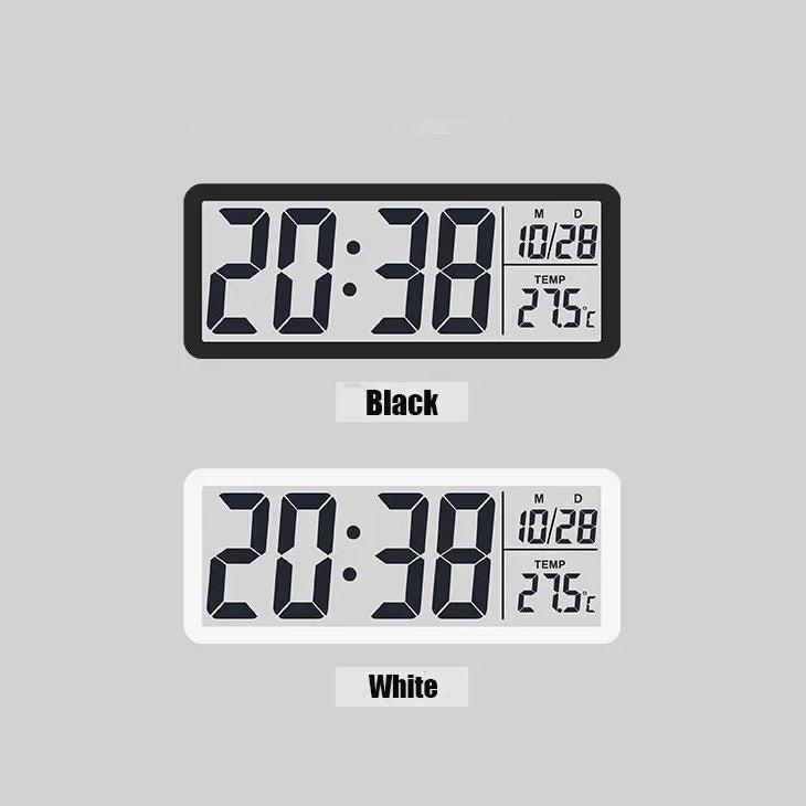 A digital clock shown twice on a light gray background to indicate color options: a black version at the top labeled 'Black' and a white version at the bottom labeled 'White'. Above the products, the text 'colors select' appears.