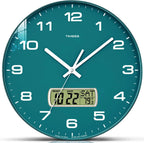 Teal modern wall clock with white numbers and digital calendar display.