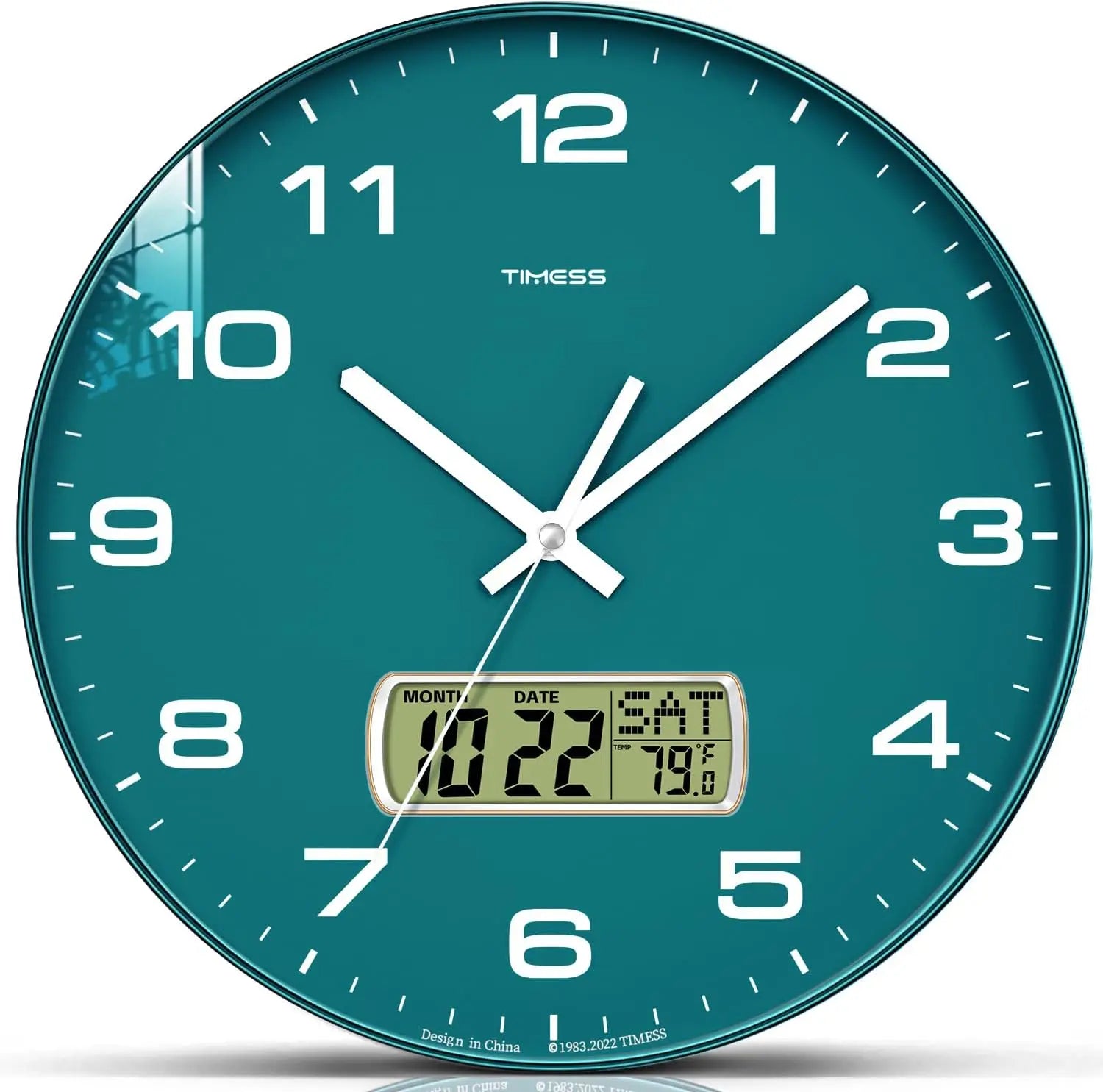 Teal modern wall clock with white numbers and digital calendar display.