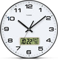 Black and white round analog wall clock with digital LCD display.