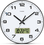 Black and white round analog wall clock with digital LCD display.