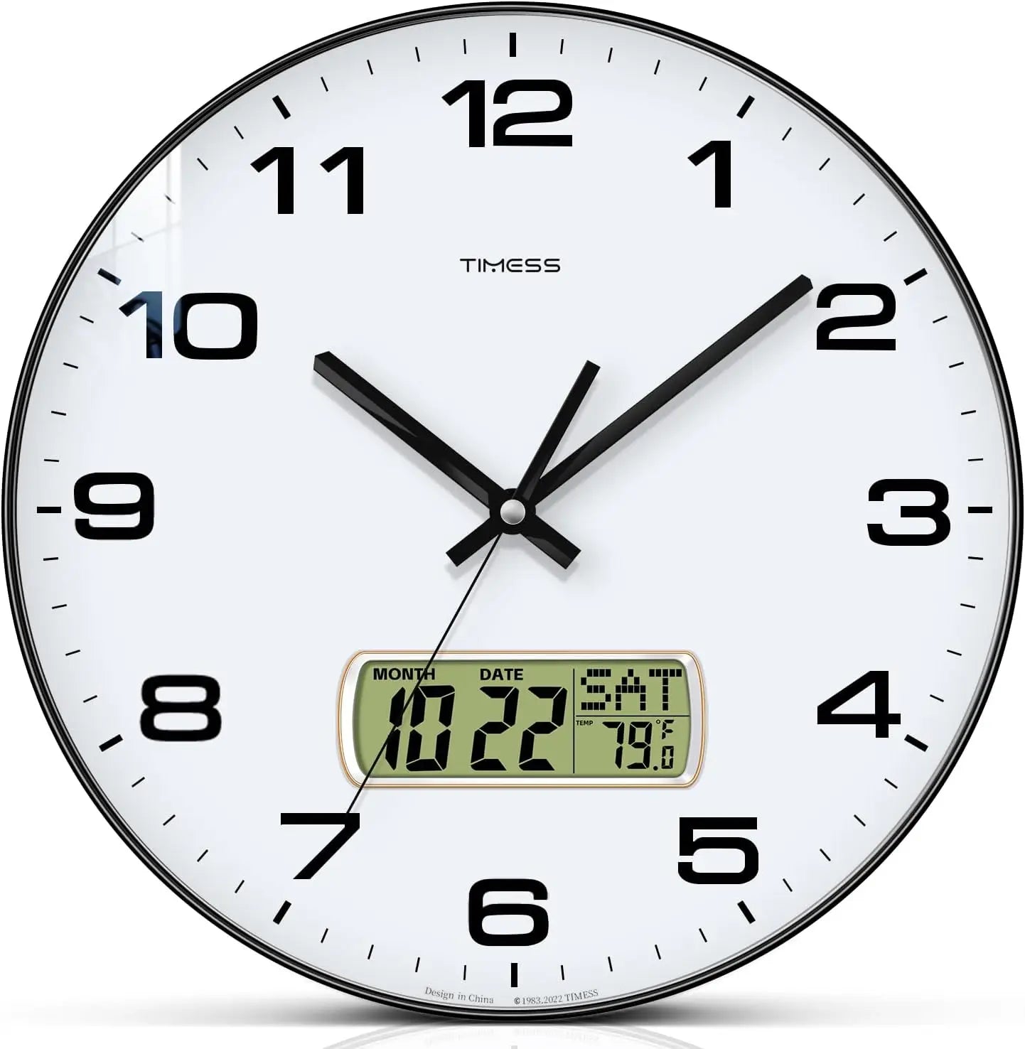 Black and white round analog wall clock with digital LCD display.