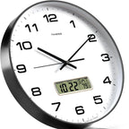 Black framed analog wall clock with digital date and temperature display.