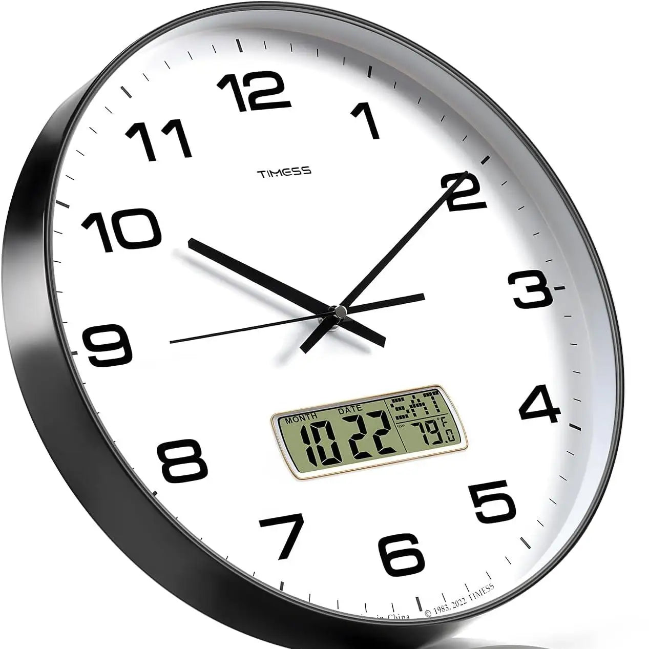 Black framed analog wall clock with digital date and temperature display.