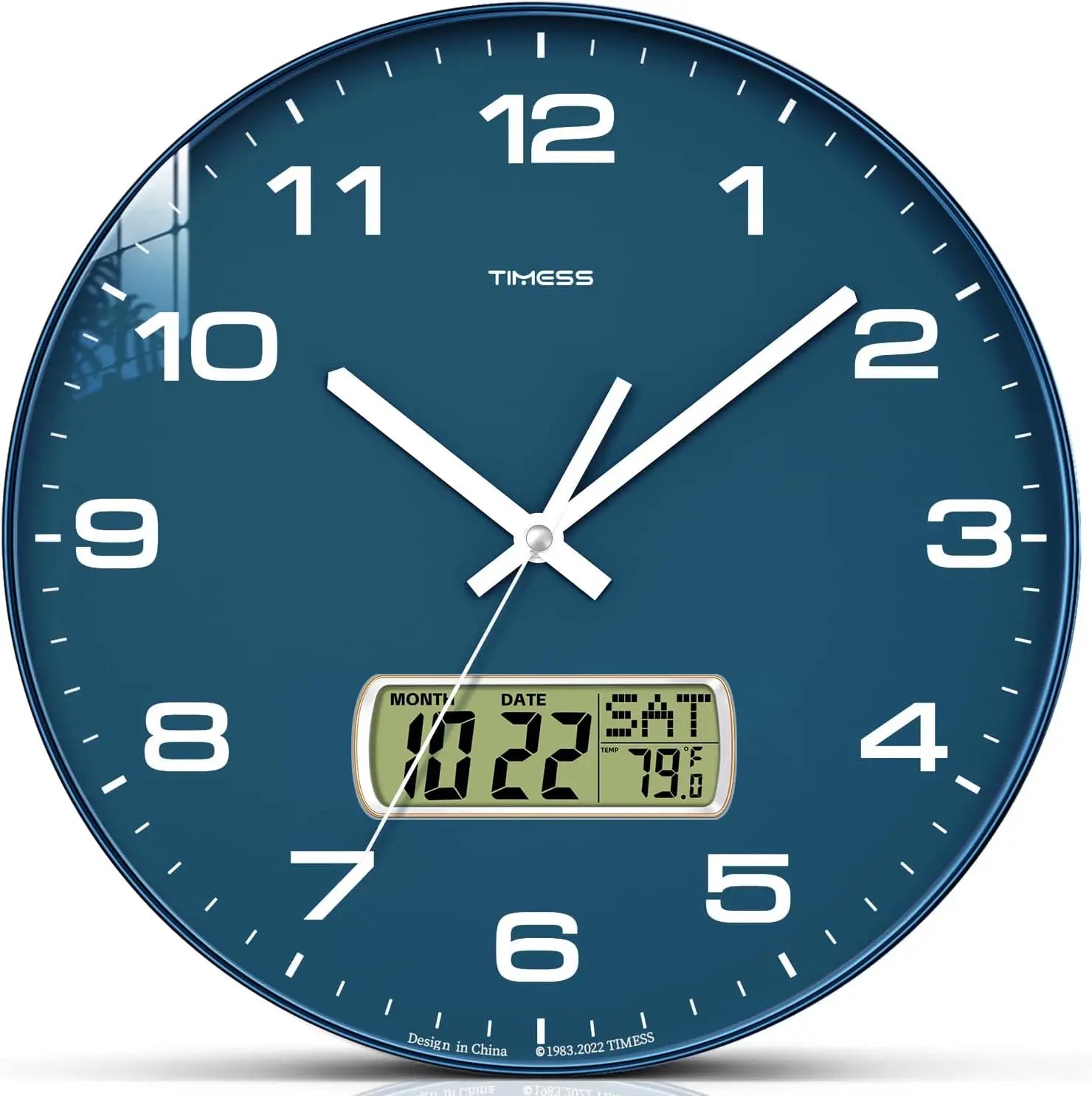 Blue round Holliston wall clock with digital display and white numbers.