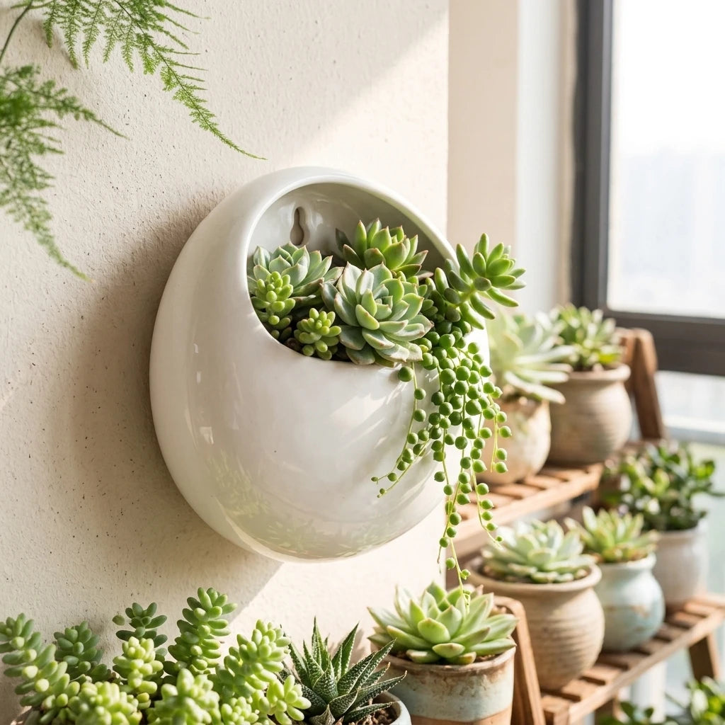 A white ceramic wall-mounted planter filled with green succulents, shown hanging on a beige wall in a sunlit indoor setting with additional potted succulents on shelves.