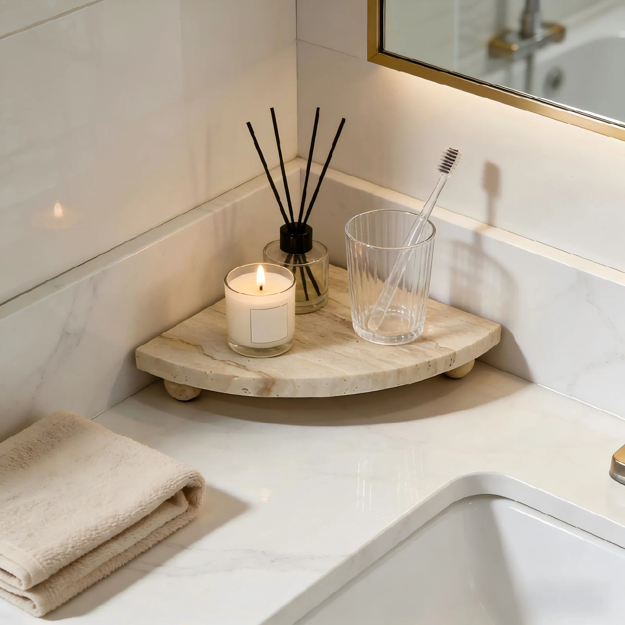 Travertine Stone Corner Vanity Tray