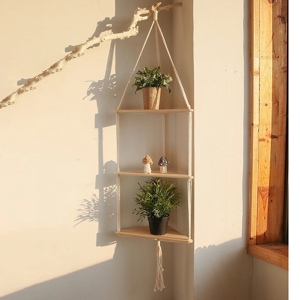 Briar Boho Macrame Triangle Floating Wall Shelf