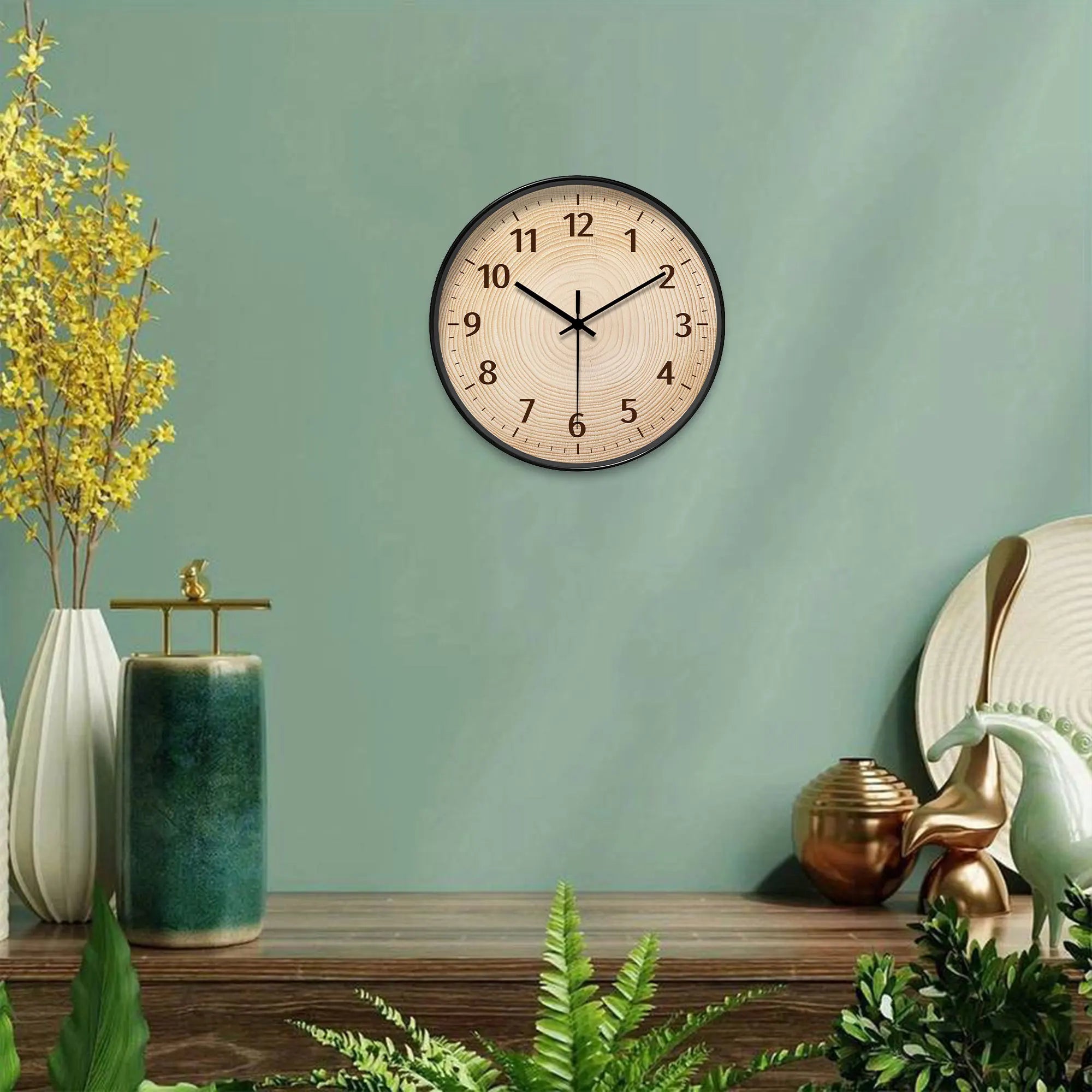 Round wood grain clock with black frame, modern style.