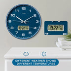 Blue round wall clock with a digital display showing date and temperature.