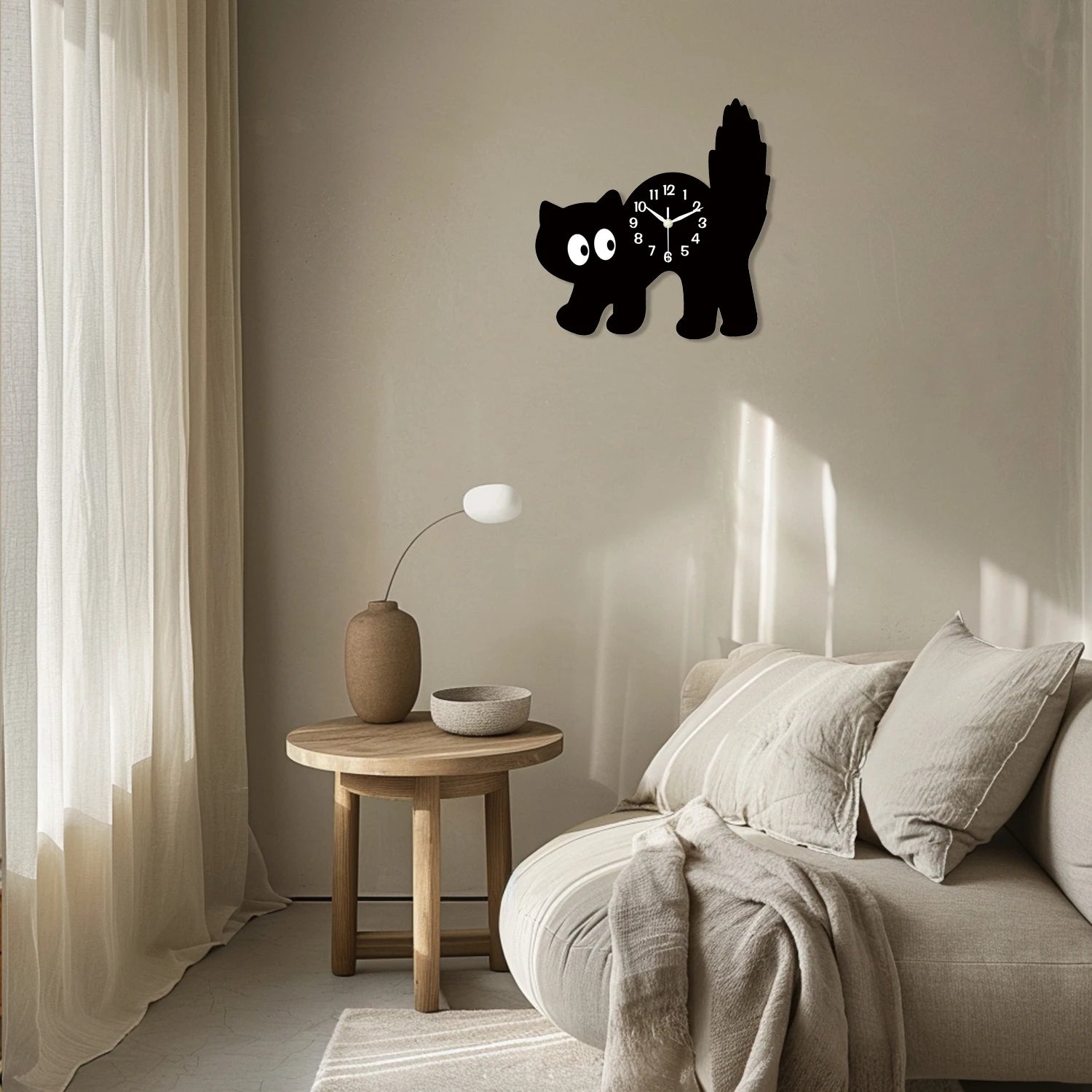Black Cat Silhouette Wooden Wall Clock
