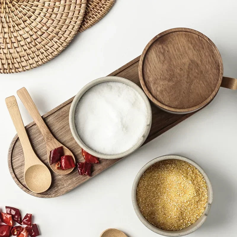 Ceramic Spice Jar Set with Wooden Lids