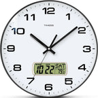 Round white wall clock with black numbers and digital calendar display.