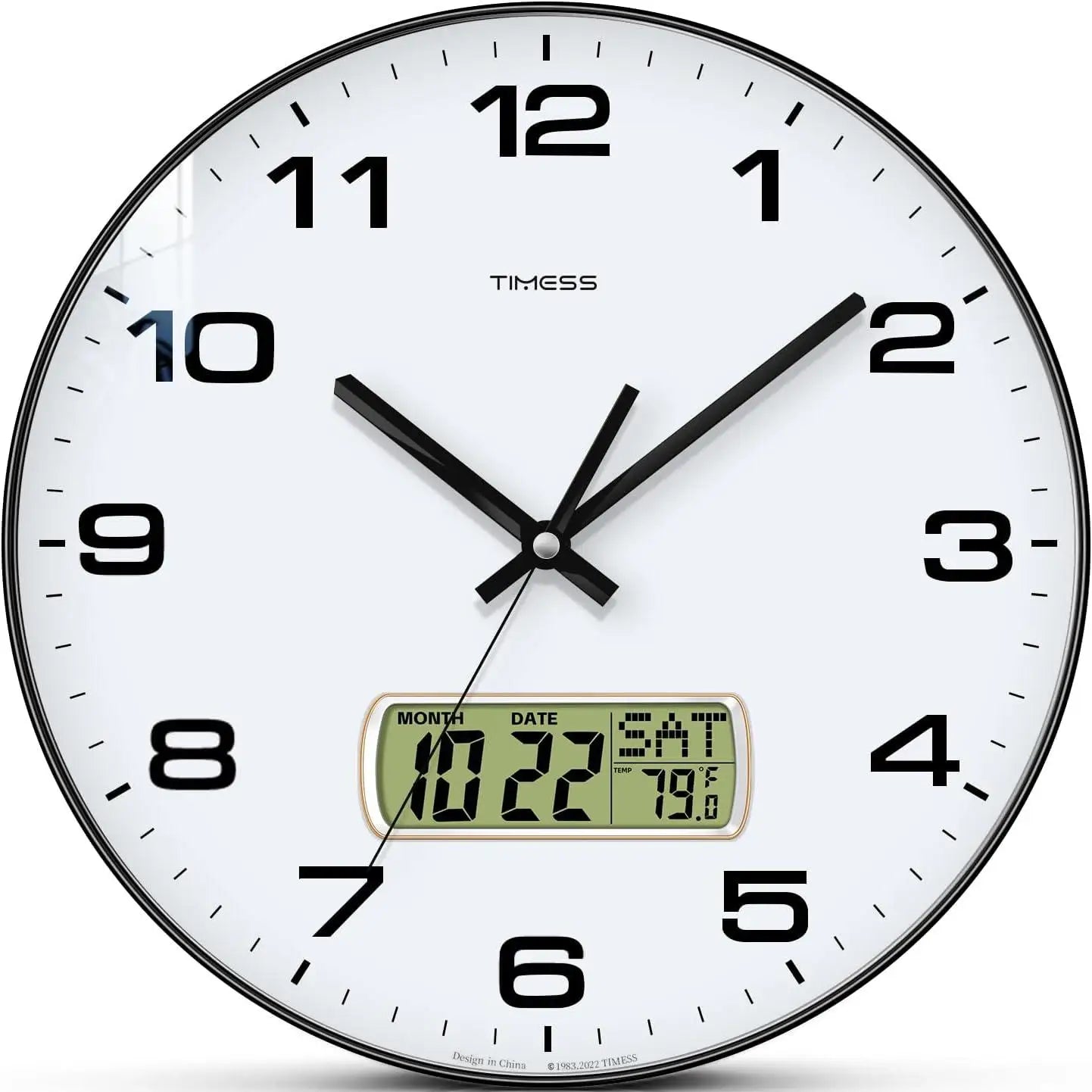Round white wall clock with black numbers and digital calendar display.