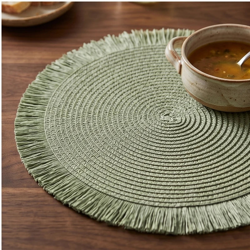 Green Woven Placemats Woven Tassel Placemat for Kitchen Dining Heat Resistant Braided Round Table Mats with Non-slip Minimalist Style lifestyle photo - 3