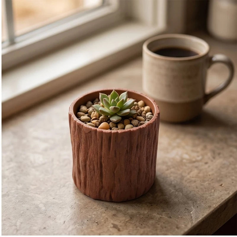 Brown  11CM tall Green Plant Small Flower POTS, Mini Flower POTS Imitating Tree Bark, Exquisite Household Flower POTS lifestyle photo - 2