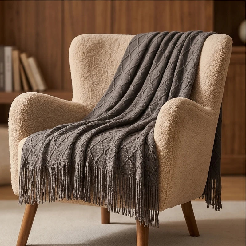 Dark Gray Ridley Knitted Throw Blanket with Tassels lifestyle photo - 2