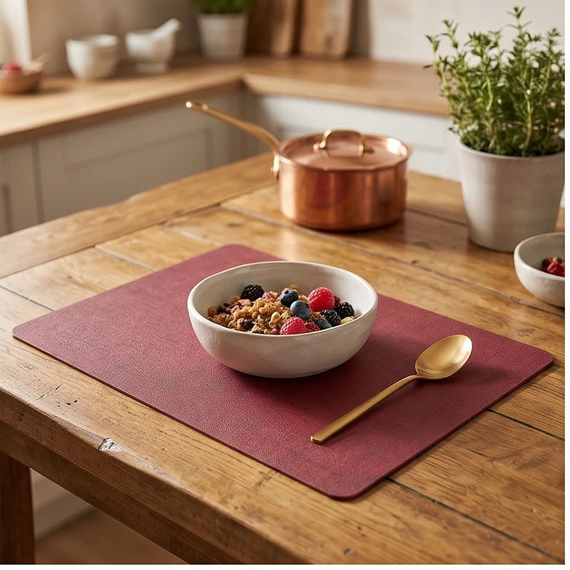 Red Dual-Sided PU Canvas Texture Placemat,Waterproof Heatproof 43x30cm Non-Slip Dining Table Mat,Washable for Home and Hotel Use lifestyle photo