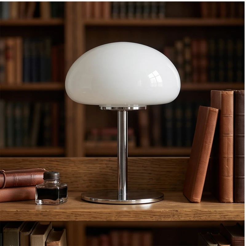 White glass lamp styled in a warm home setting - 3