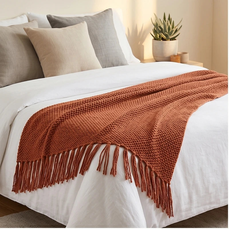 Brown Ashlar Knitted Throw Blanket with Tassels lifestyle photo