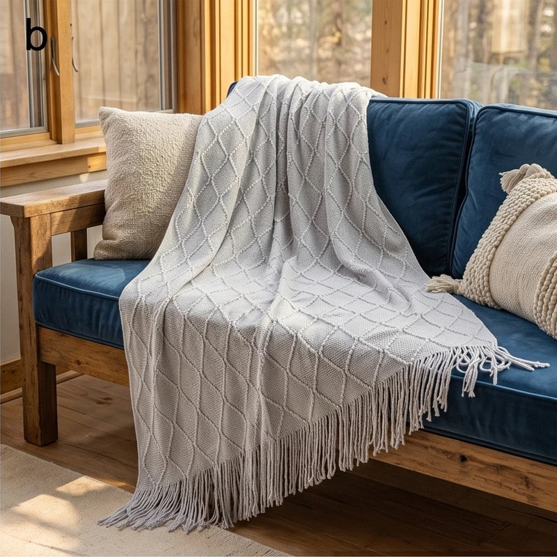 Gray Ridley Knitted Throw Blanket with Tassels lifestyle photo