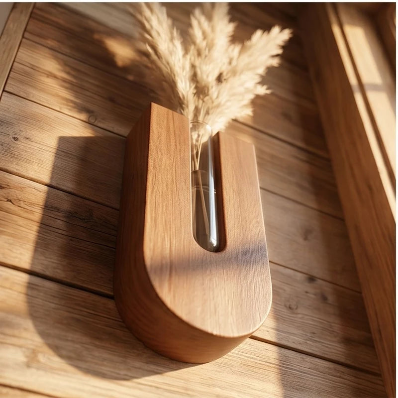 Brown Wooden Flower Planters Bohemia Style Hanging Flower Tube Vase with Wood Stand Hydroponic Plant Rack lifestyle photo - 2