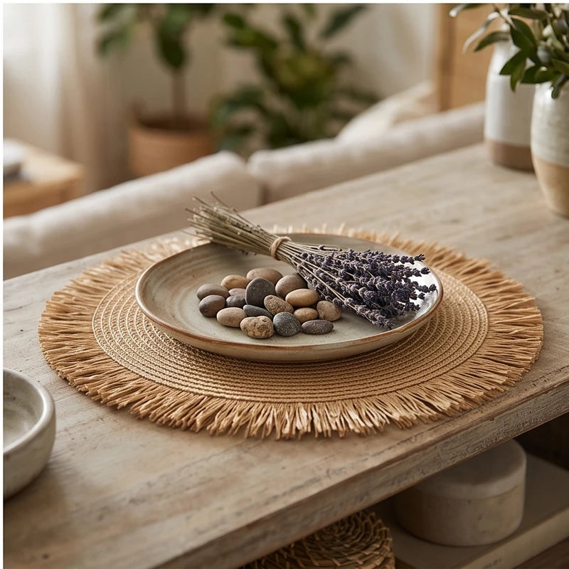Brown1PC Woven Placemats Woven Tassel Placemat for Kitchen Dining Heat Resistant Braided Round Table Mats with Non-slip Minimalist Style lifestyle photo - 3