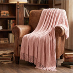 Pink Ridley Knitted Throw Blanket with Tassels lifestyle photo - 2