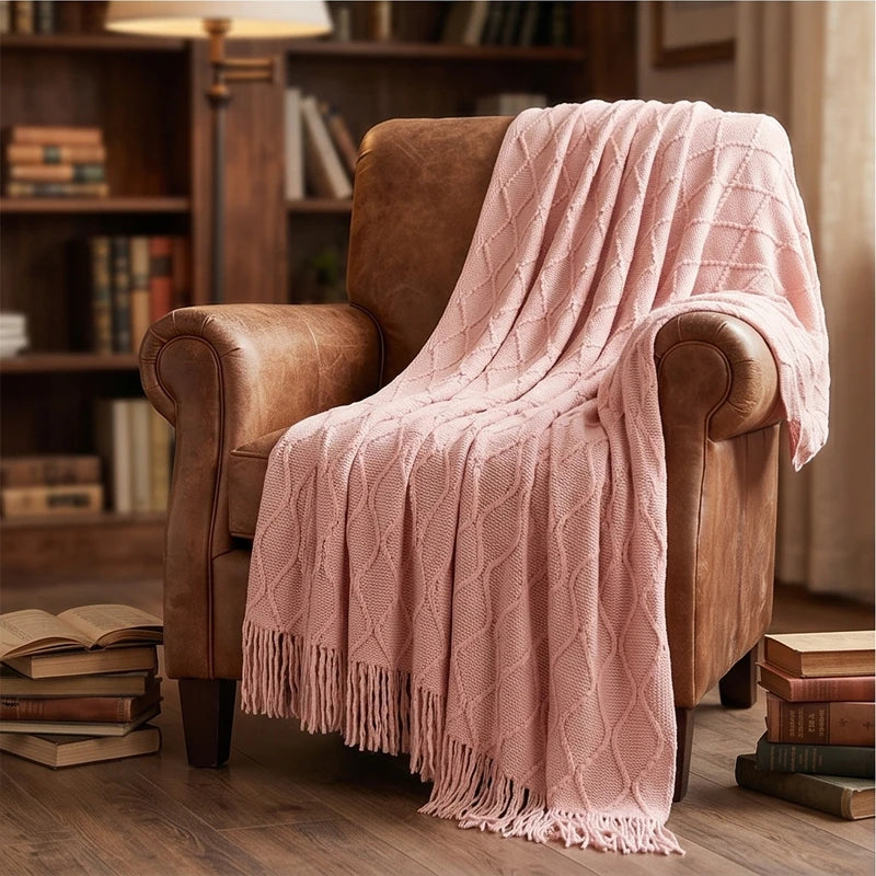 Pink Ridley Knitted Throw Blanket with Tassels lifestyle photo - 2