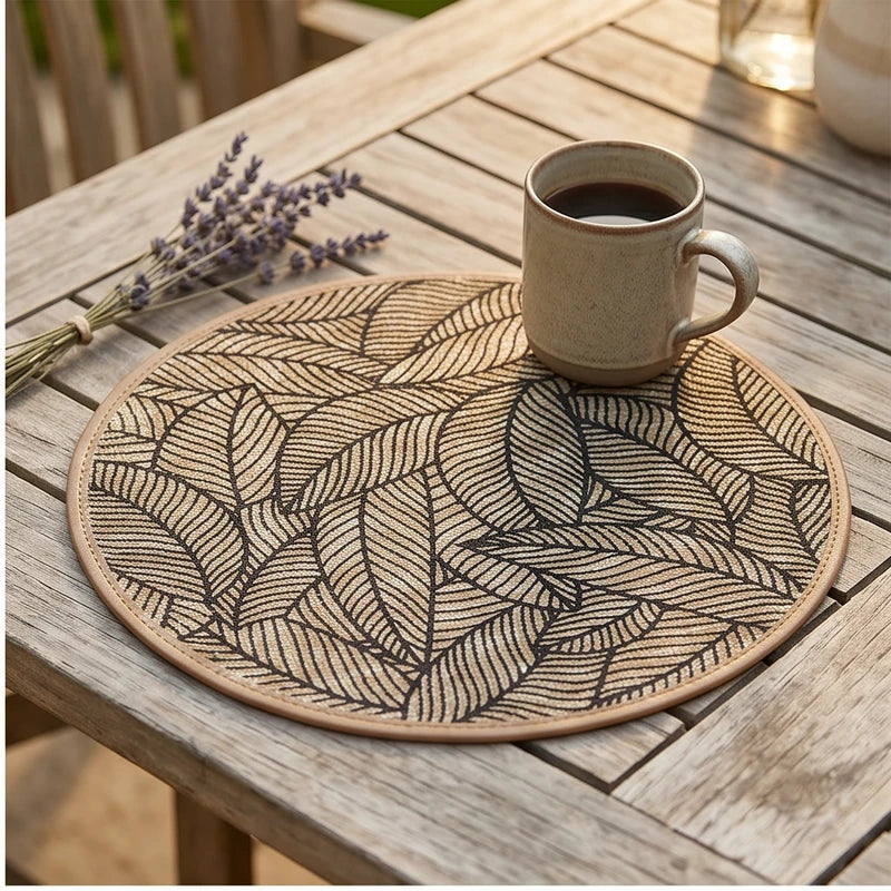 black 2 2/4/6/8pcs Bohemian Jute Printed Placemats with Faux Leather Edges, Heat Insulation Mats, Decorative Mats lifestyle photo - 2