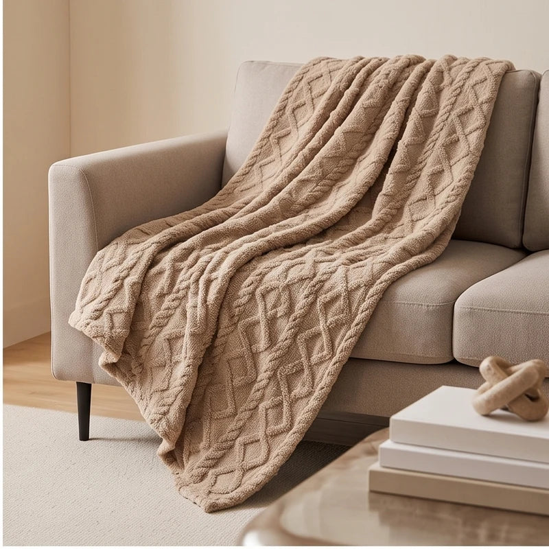 Brown fleece throw styled in a warm home setting