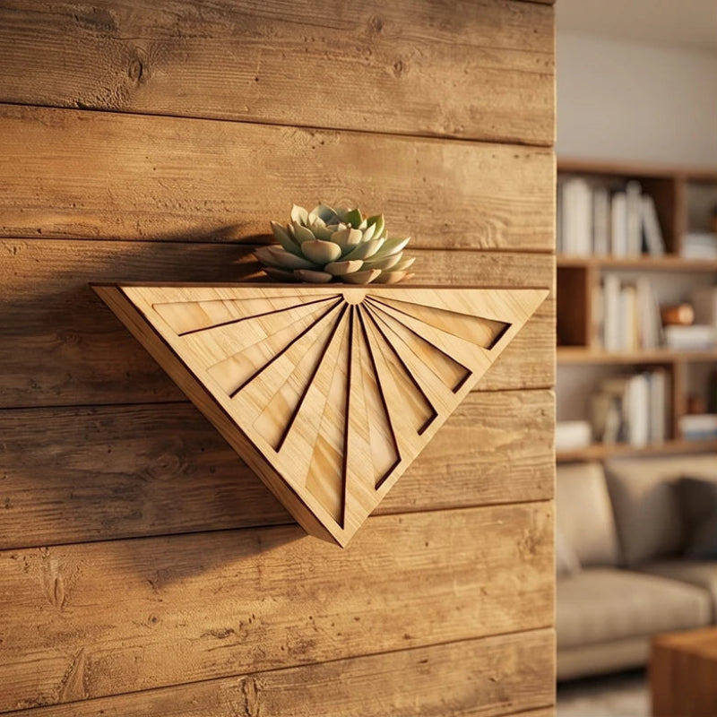 Light wooden triangular wall planter with a succulent on top, mounted on a rustic plank wall in a living room.