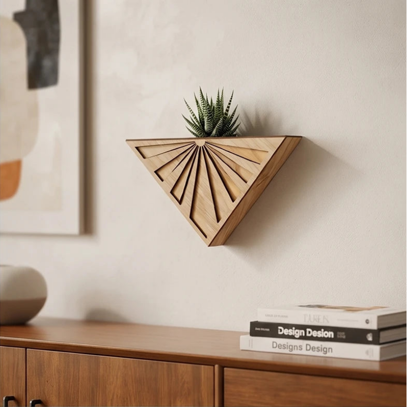 Triangular wooden wall planter with a carved sunburst design holding a small succulent, mounted on a light wall above a cabinet.