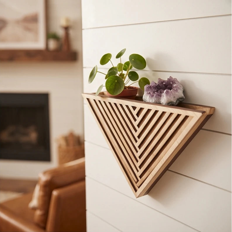A two-tone wooden triangular wall planter with a chevron-slat design holds a green plant and purple amethyst on a white shiplap wall.