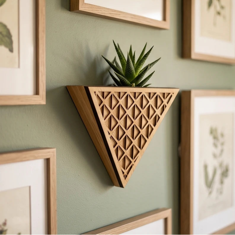 Light wood triangular wall planter with a geometric cut-out pattern, holding a small green succulent on a sage green wall.