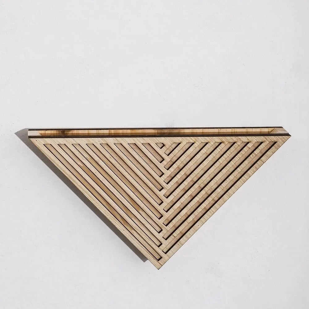 Light brown wooden triangular wall planter with a linear geometric pattern of slatted layers against a white background.