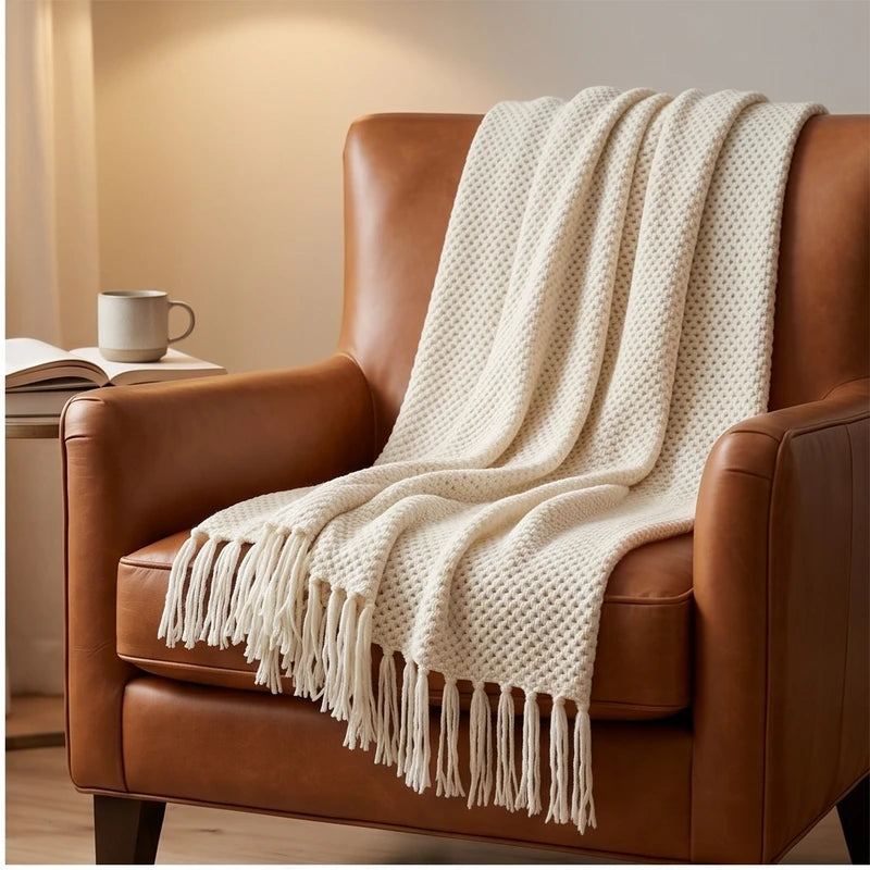 Cream Ashlar Knitted Throw Blanket with Tassels lifestyle photo